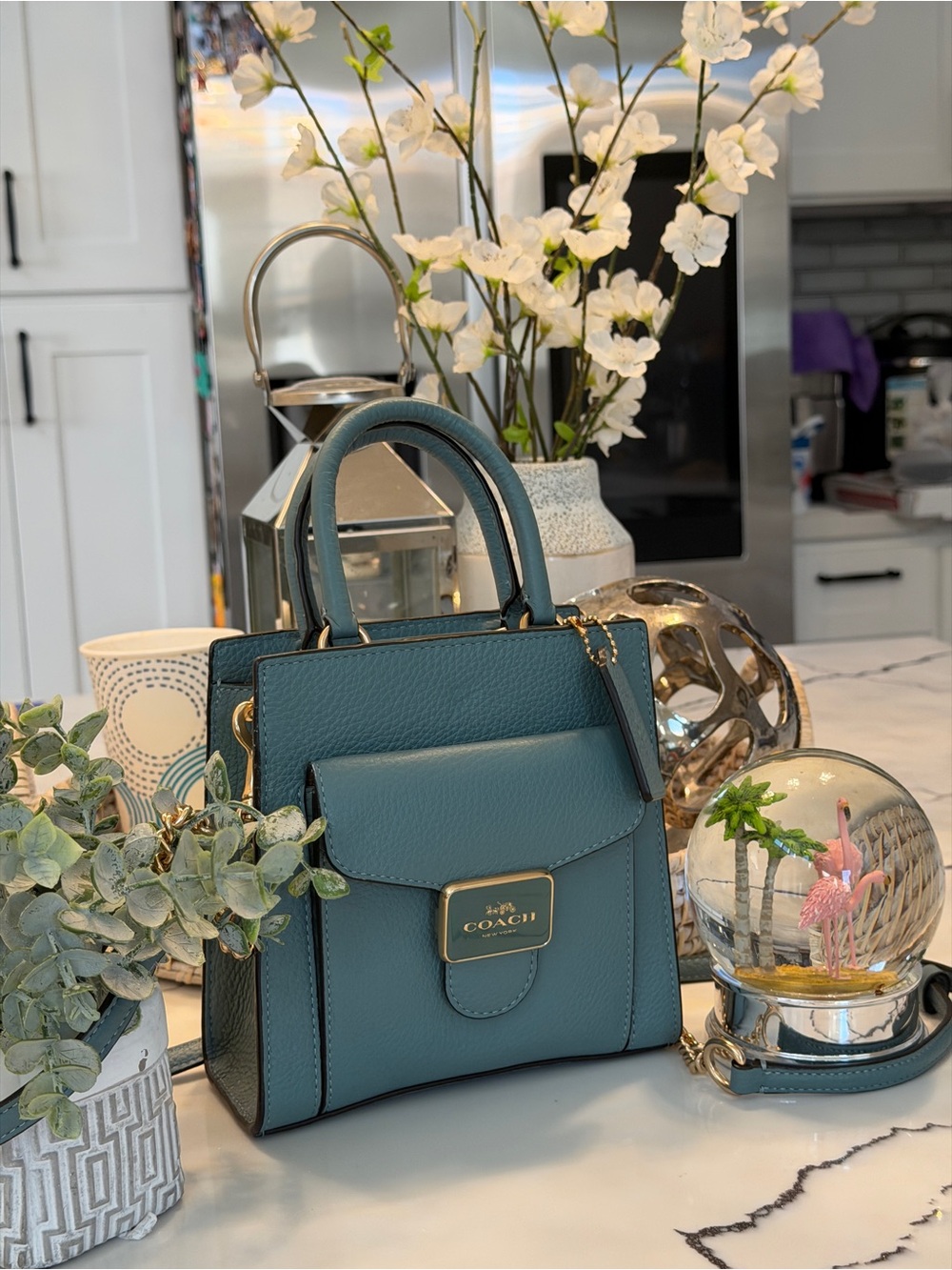 Coach Teal Leather Satchel with Gold Hardware - Picture 3 of 16